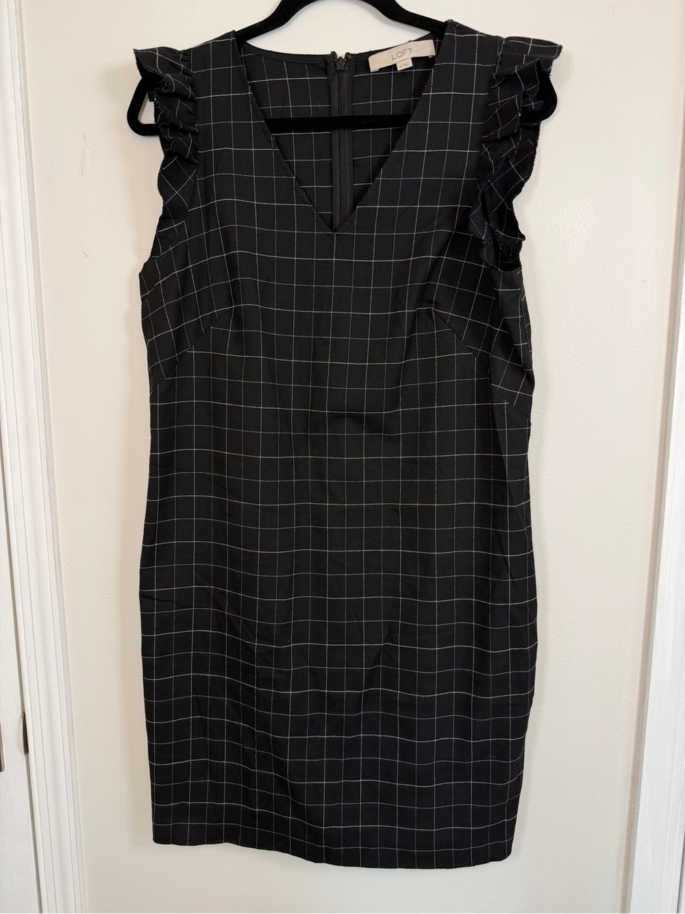 LOFT Black Windowpane Sheath Dress with Ruffle Sleeves Office Workwear